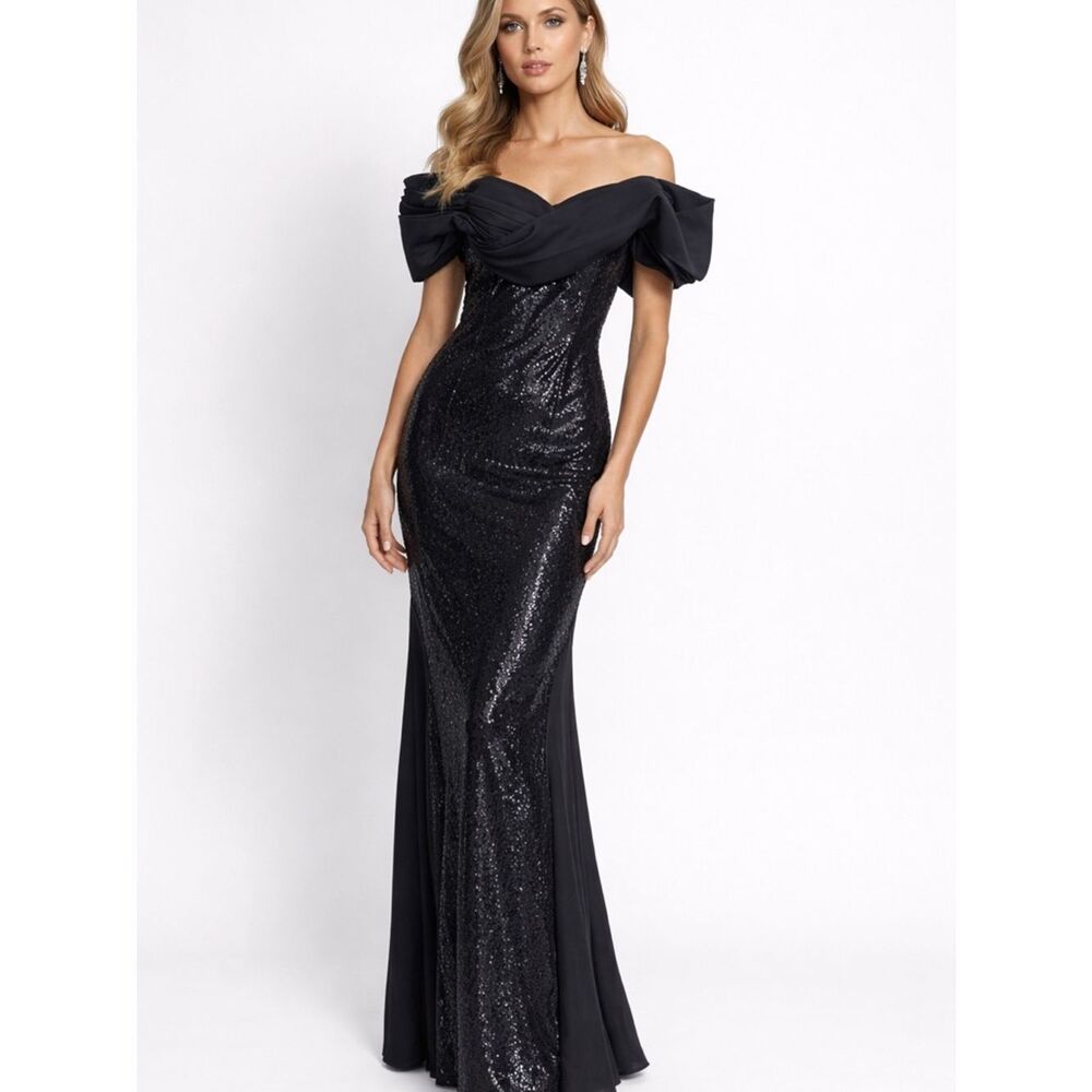 Off-Shoulder Black Sequin Maxi Dress